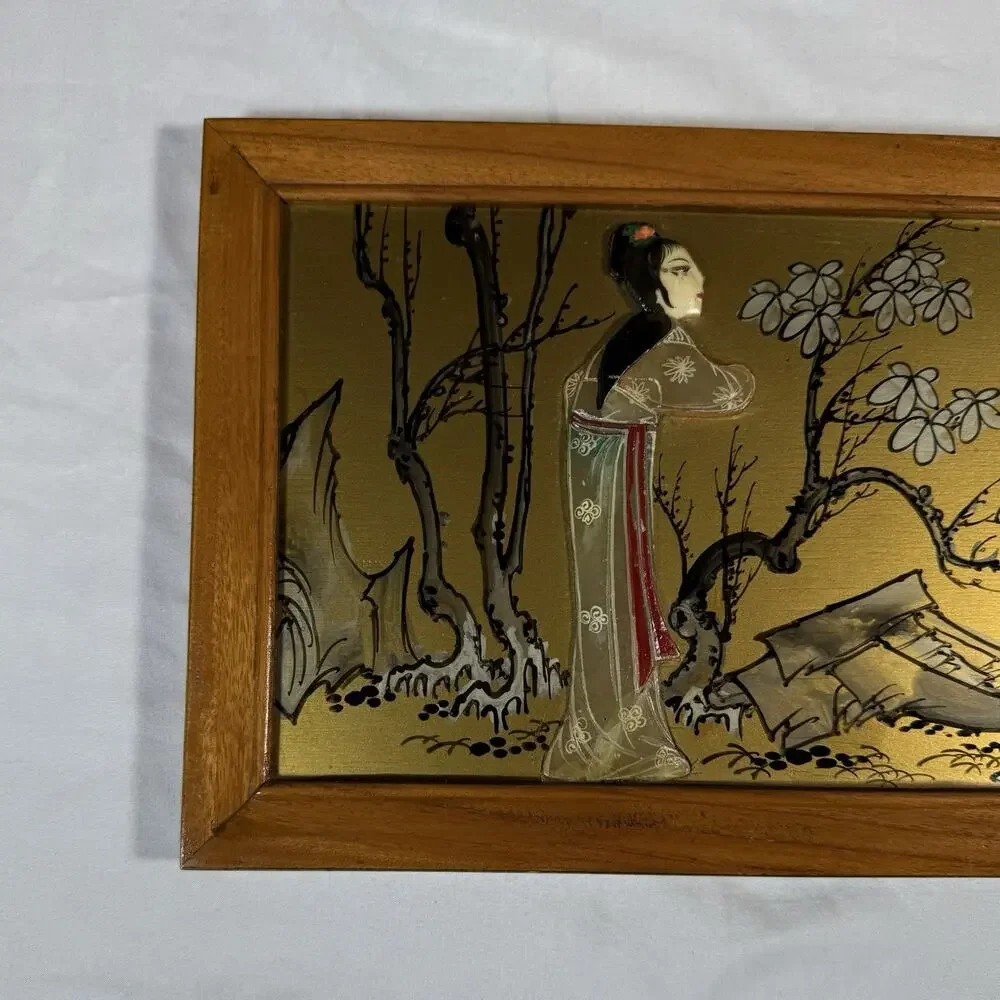 Vintage Asian Reverse Painted Glass Wall Art Geisha Women Gold Background MCM